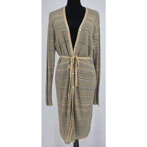 Vtg Casual Corner Women's Long Cardigan XL Gold Brown Striped Belted Sweater
